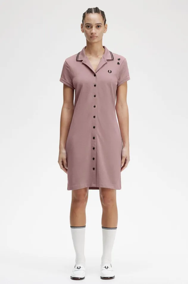 Women Amy Winehouse FoundationButtonThrough Piqu Shirt Dress Dusty Rose Pink Fred Perry Dresses