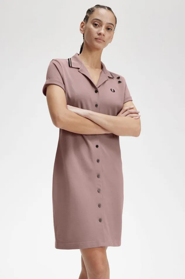 Women Amy Winehouse FoundationButtonThrough Piqu Shirt Dress Dusty Rose Pink Fred Perry Dresses