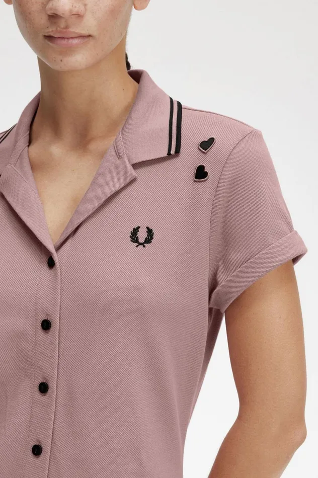 Women Amy Winehouse FoundationButtonThrough Piqu Shirt Dress Dusty Rose Pink Fred Perry Dresses