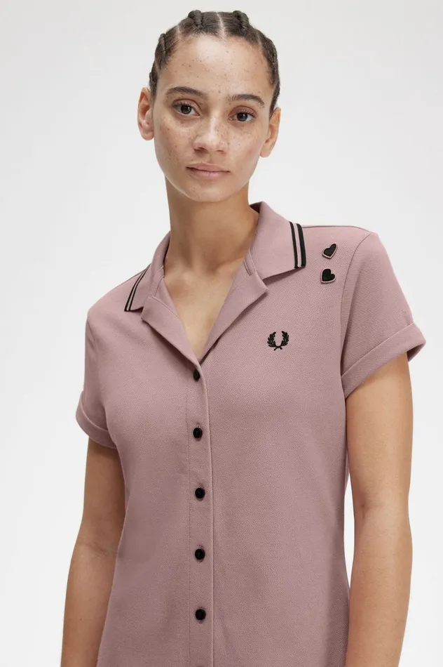 Women Amy Winehouse FoundationButtonThrough Piqu Shirt Dress Dusty Rose Pink Fred Perry Dresses