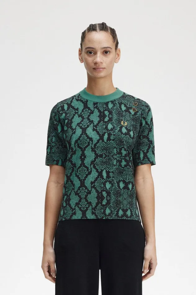 Women Amy Winehouse FoundationSnake Print Jumper Deep Mint Fred Perry Knitwear