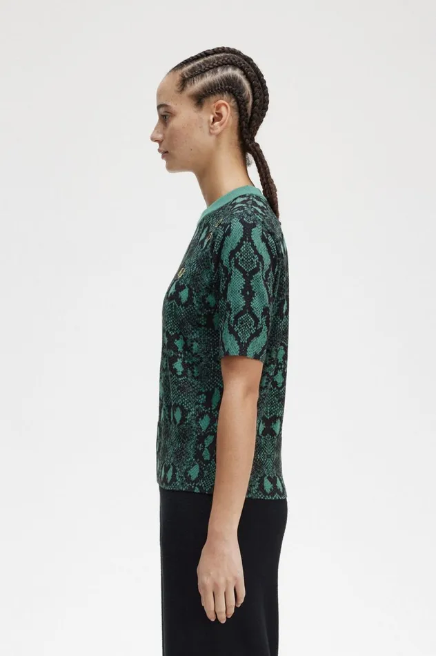 Women Amy Winehouse FoundationSnake Print Jumper Deep Mint Fred Perry Knitwear