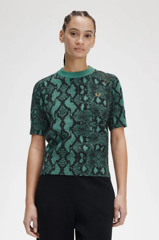 Women Amy Winehouse FoundationSnake Print Jumper Deep Mint Fred Perry Knitwear