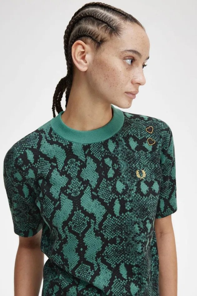 Women Amy Winehouse FoundationSnake Print Jumper Deep Mint Fred Perry Knitwear