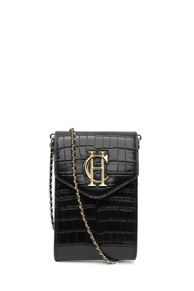 Women Bags Holland Cooper Knightsbridge Phone Pouch Black Croc
