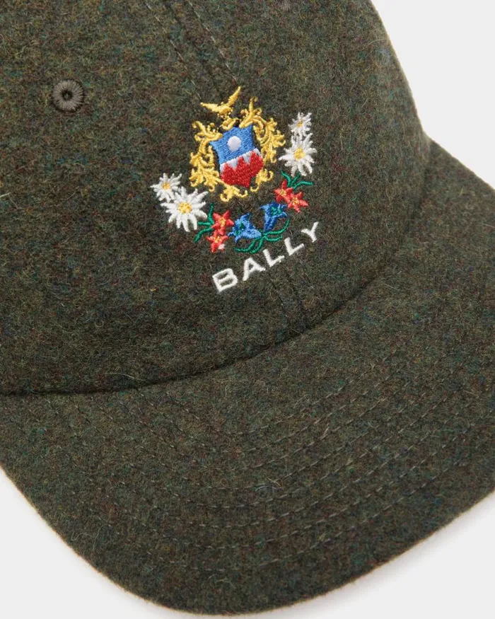 Women Bally Gloves and Hats Winter Capsule Baseball Hat With Alpine Flowers In Dark Green Wool Green Women Bally Gloves and Hats Winter Capsule Baseball Hat With Alpine Flowers In Dark Green Wool Green