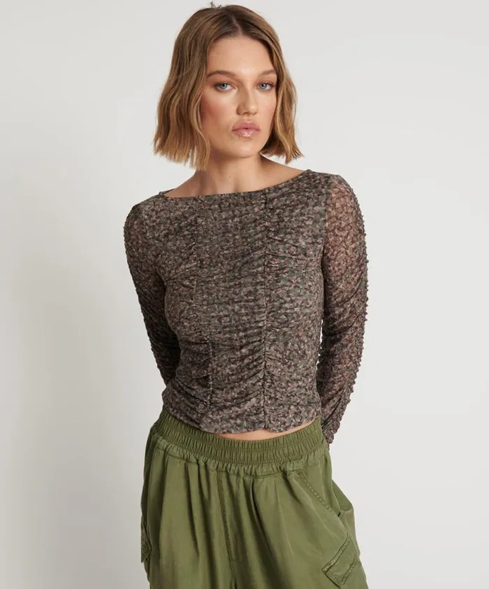 Women CAMO NIGHT FEVER LONGSLEEVE MESH TOP One Teaspoon Tops