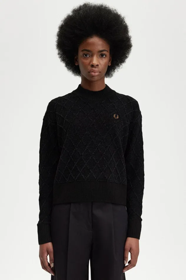 Women Chenille Grid Jumper Black Fred Perry Knitwear