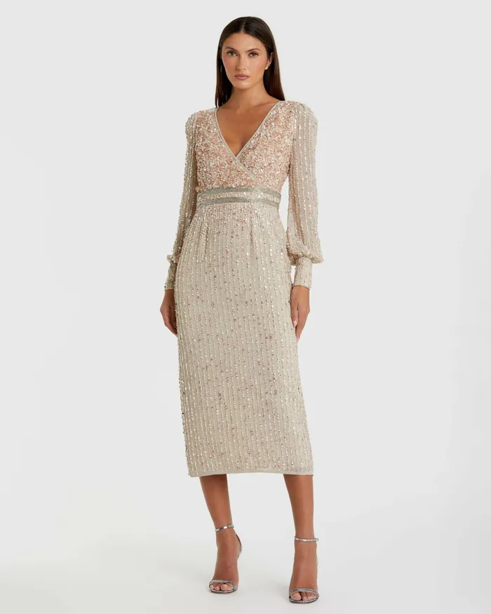 Women Cocktail Dresses Mac Duggal Beige Sequined V Neck Bishop Sleeve Dress Nude Women Cocktail Dresses Mac Duggal Beige Sequined V Neck Bishop Sleeve Dress Nude