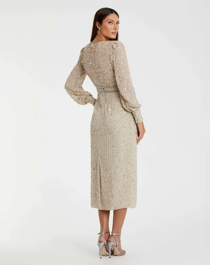 Women Cocktail Dresses Mac Duggal Beige Sequined V Neck Bishop Sleeve Dress Nude