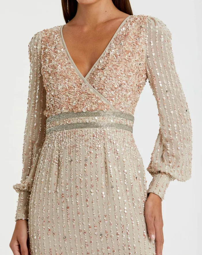 Women Cocktail Dresses Mac Duggal Beige Sequined V Neck Bishop Sleeve Dress Nude