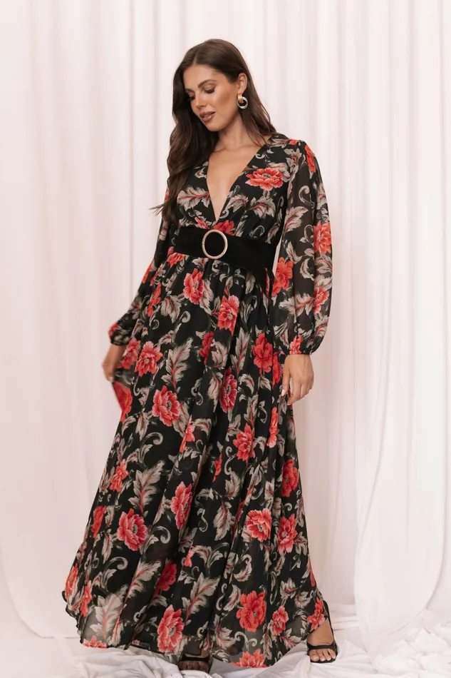Women Event Dresses Petal and Pup Anisa Maxi Dress Black Floral