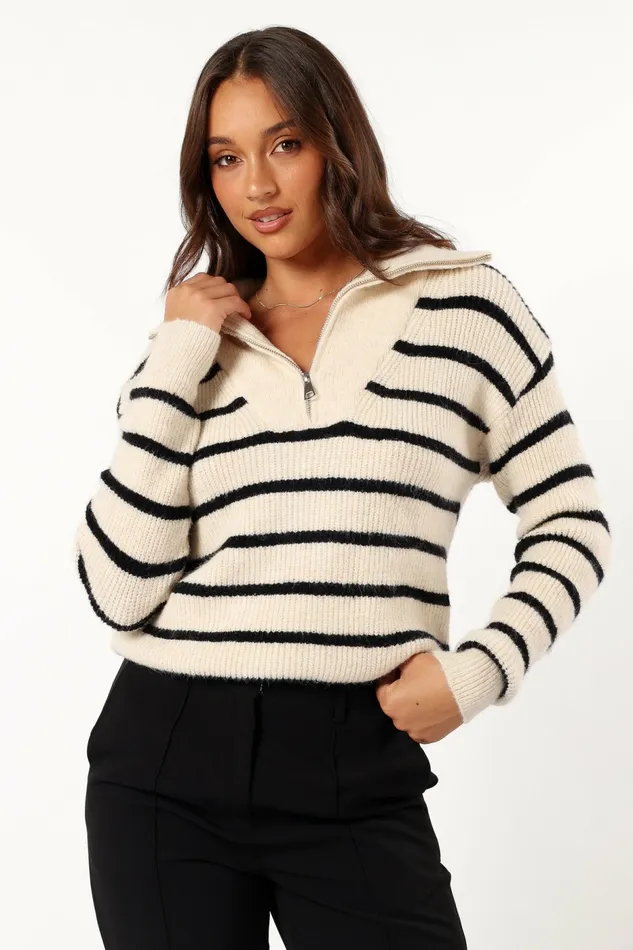 Women Everleigh Quarter Zip Striped Knit Sweater Cream Sweaters Petal and Pup Women Everleigh Quarter Zip Striped Knit Sweater Cream Sweaters Petal and Pup