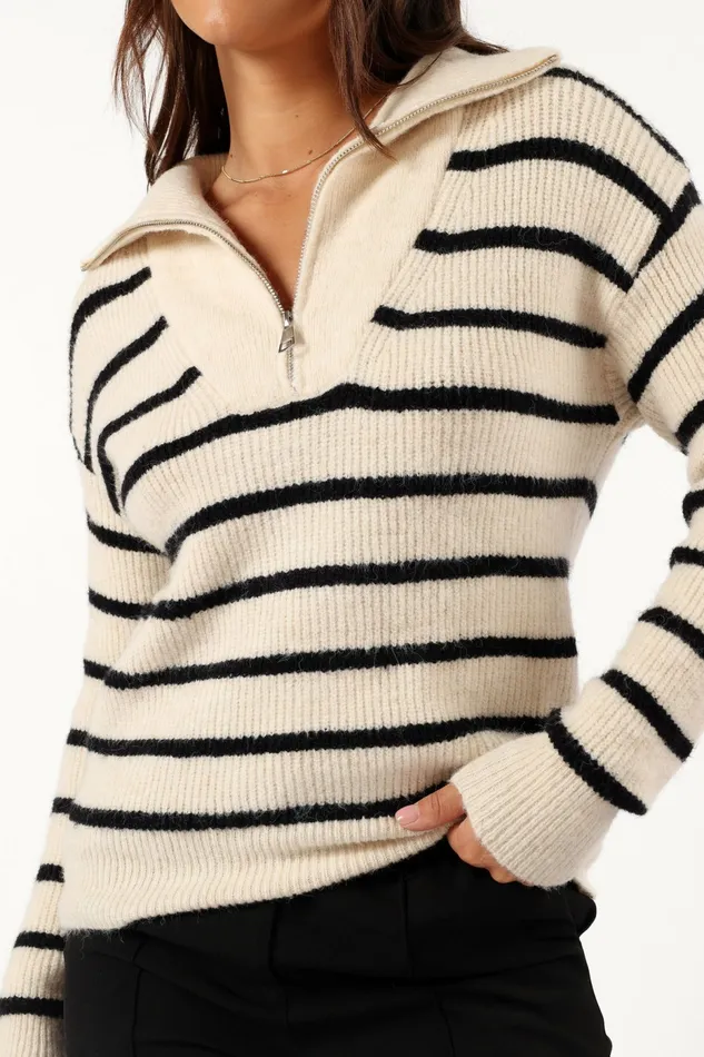 Women Everleigh Quarter Zip Striped Knit Sweater Cream Sweaters Petal and Pup Women Everleigh Quarter Zip Striped Knit Sweater Cream Sweaters Petal and Pup