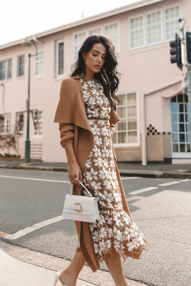 Women Fall Dresses Petal and Pup Pierre Long Sleeve Lace Maxi Dress Mocha