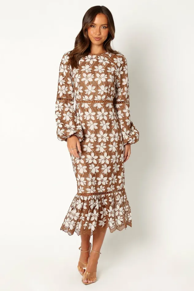 Women Fall Dresses Petal and Pup Pierre Long Sleeve Lace Maxi Dress Mocha