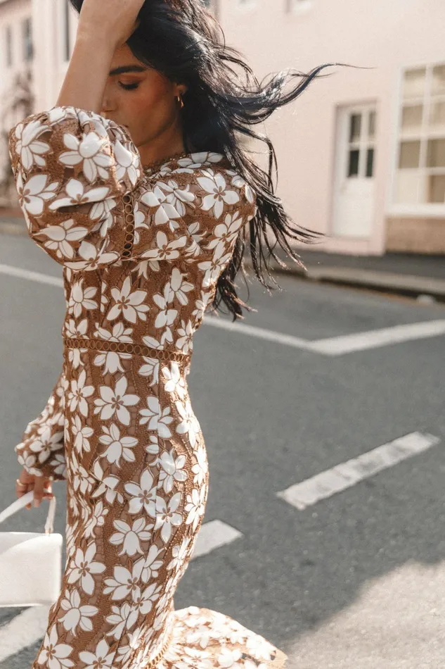 Women Fall Dresses Petal and Pup Pierre Long Sleeve Lace Maxi Dress Mocha