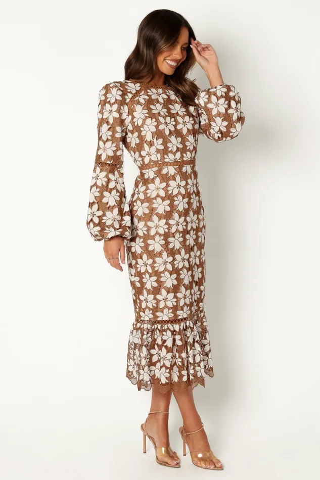 Women Fall Dresses Petal and Pup Pierre Long Sleeve Lace Maxi Dress Mocha