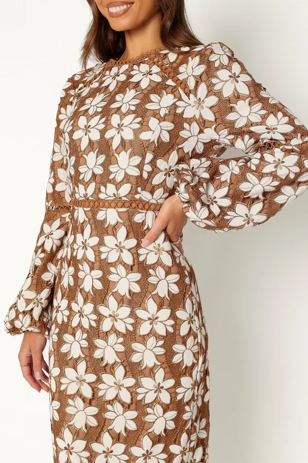Women Fall Dresses Petal and Pup Pierre Long Sleeve Lace Maxi Dress Mocha