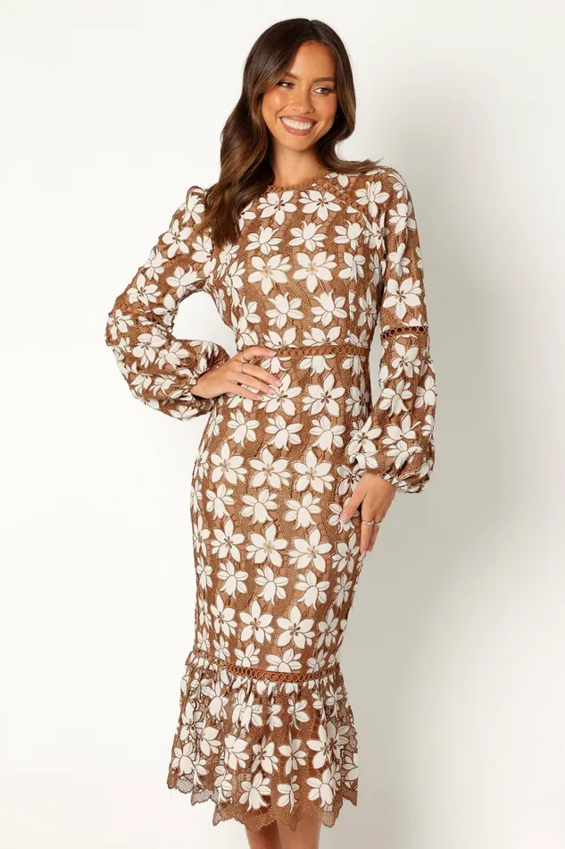 Women Fall Dresses Petal and Pup Pierre Long Sleeve Lace Maxi Dress Mocha