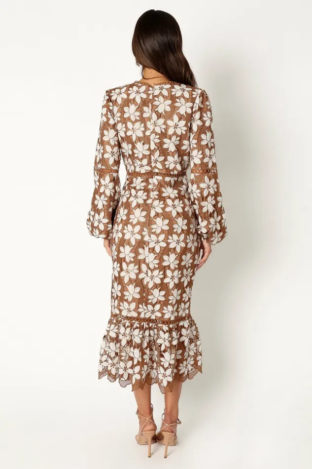 Women Fall Dresses Petal and Pup Pierre Long Sleeve Lace Maxi Dress Mocha