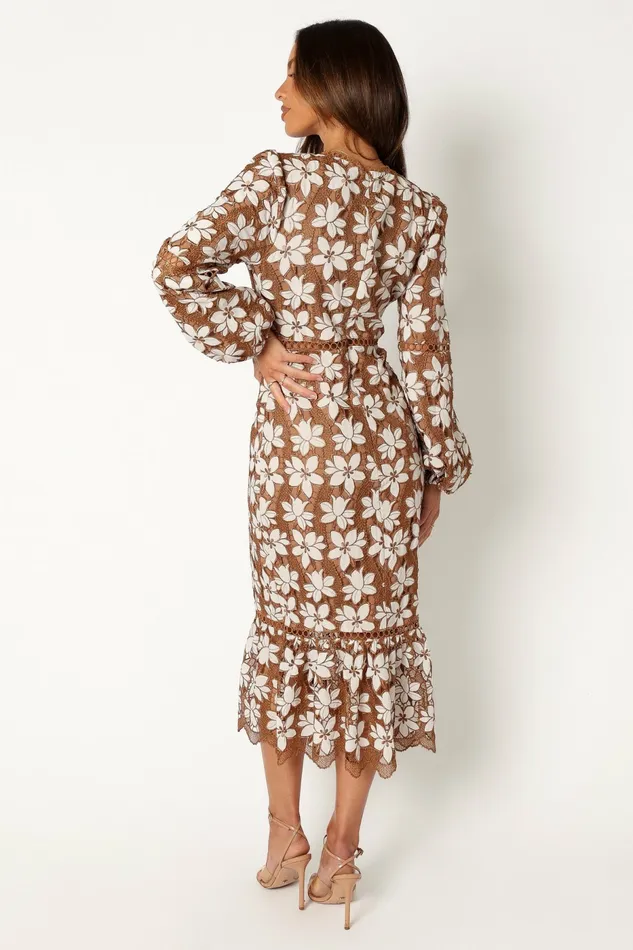 Women Fall Dresses Petal and Pup Pierre Long Sleeve Lace Maxi Dress Mocha