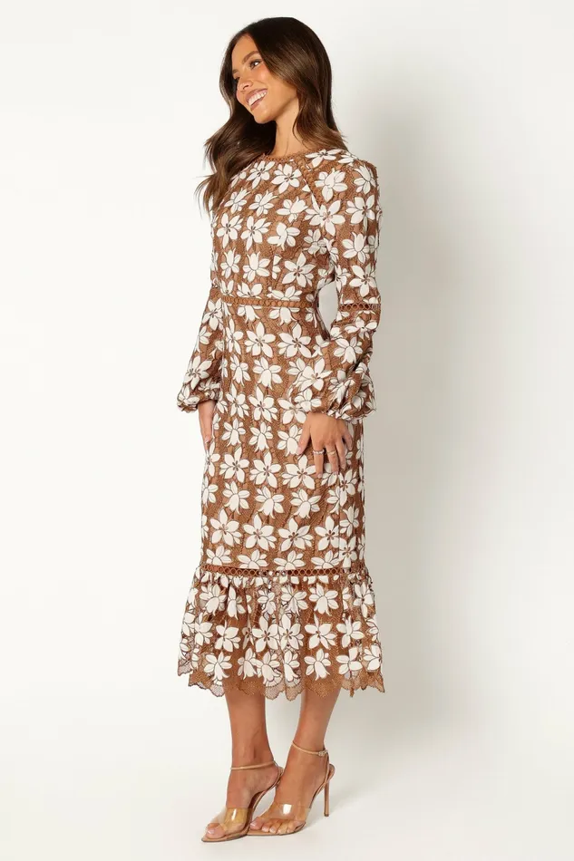 Women Fall Dresses Petal and Pup Pierre Long Sleeve Lace Maxi Dress Mocha