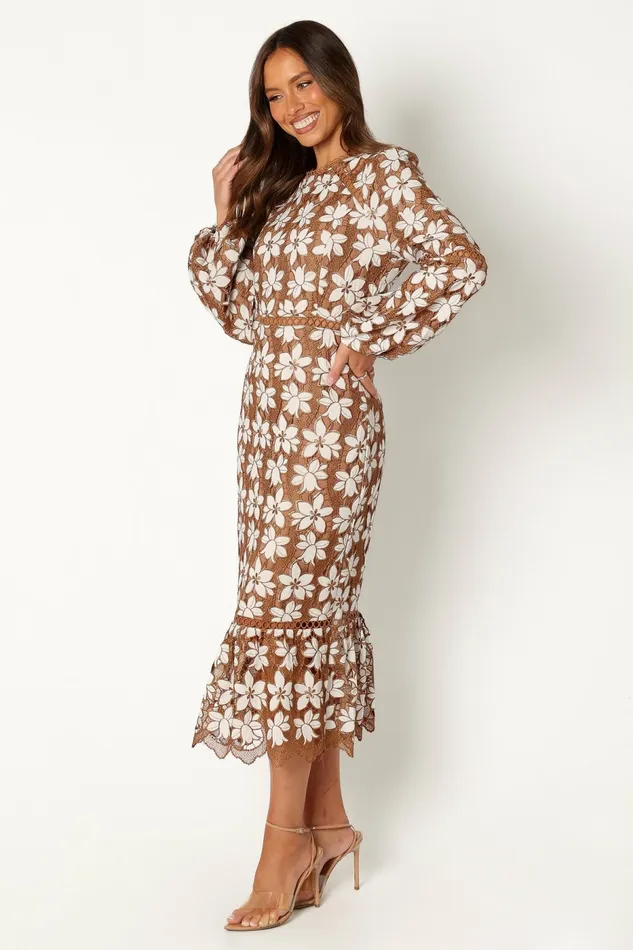 Women Fall Dresses Petal and Pup Pierre Long Sleeve Lace Maxi Dress Mocha