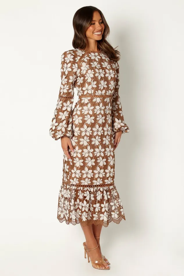 Women Fall Dresses Petal and Pup Pierre Long Sleeve Lace Maxi Dress Mocha