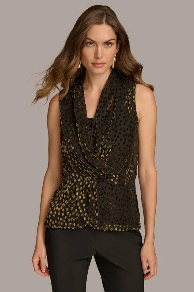 Women FAUX WRAP BURNOUT TOP Black Donna Karan New York Sweaters And Tops