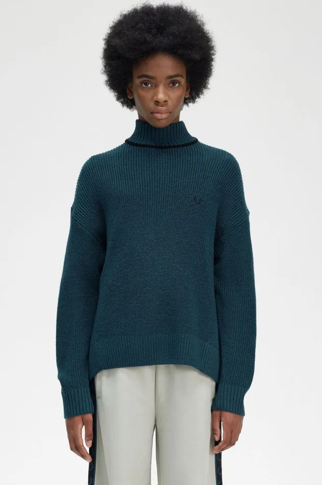 Women Fishtail Hem Mock Neck Jumper Petrol Blue Fred Perry Knitwear