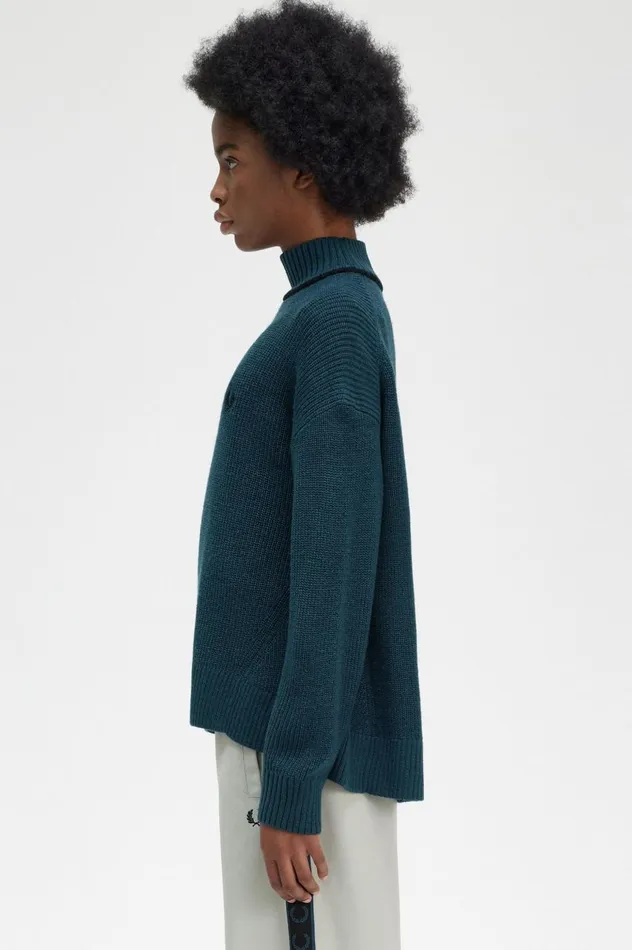 Women Fishtail Hem Mock Neck Jumper Petrol Blue Fred Perry Knitwear