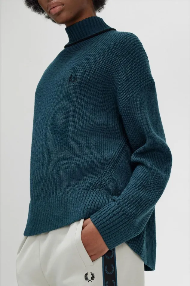 Women Fishtail Hem Mock Neck Jumper Petrol Blue Fred Perry Knitwear