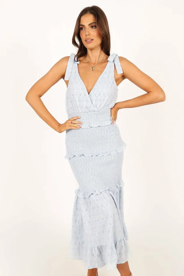 Women Floral Dresses Petal and Pup Claudia Ruffle Midi Dress Blue