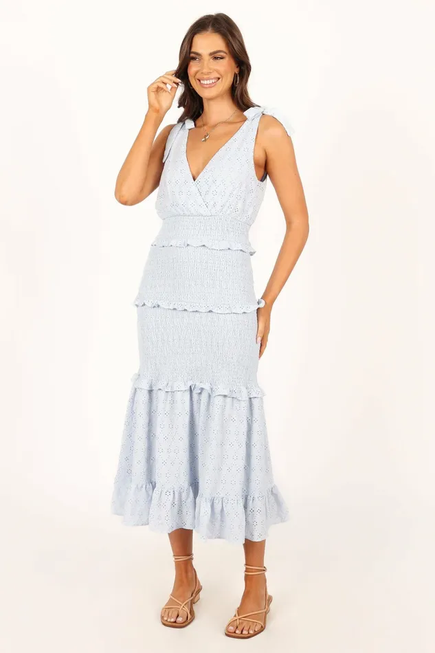 Women Floral Dresses Petal and Pup Claudia Ruffle Midi Dress Blue