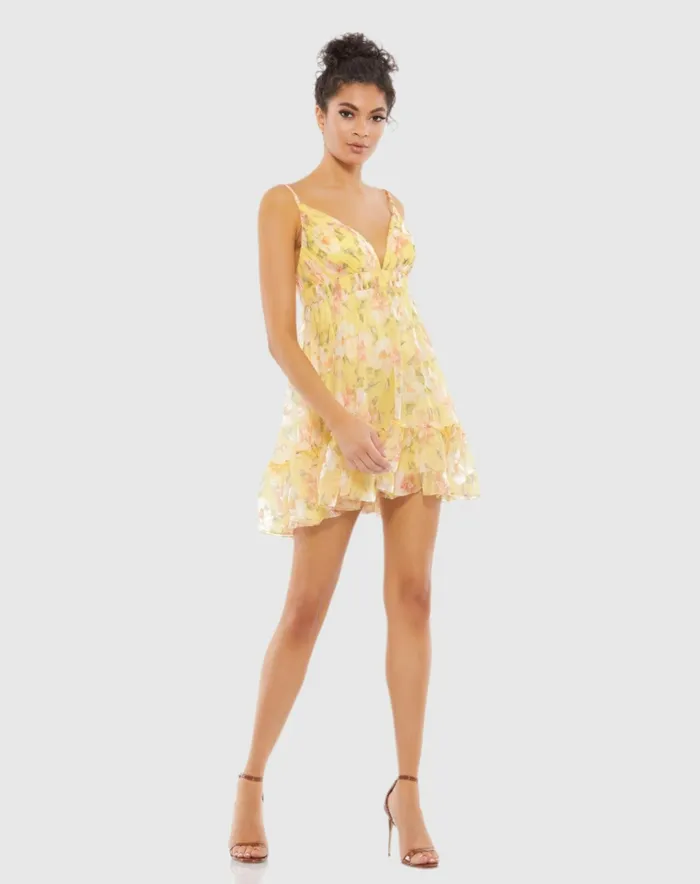 Women Floral Empire Waist Ruffled Mini Dress Lemon Daytime Dresses Mac Duggal