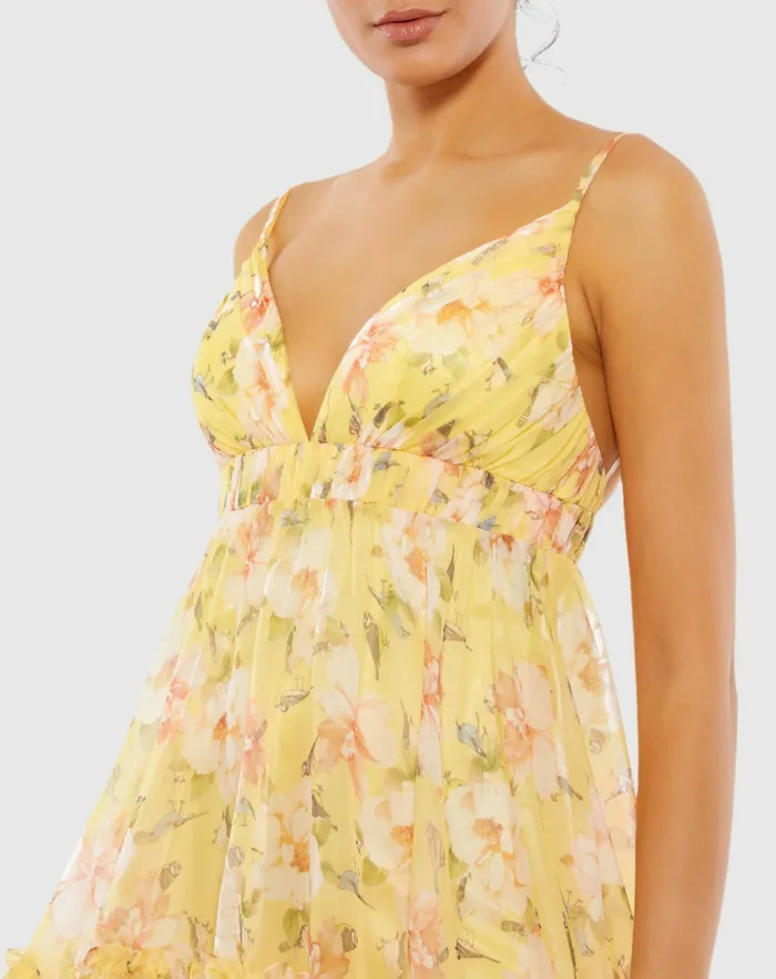 Women Floral Empire Waist Ruffled Mini Dress Lemon Daytime Dresses Mac Duggal