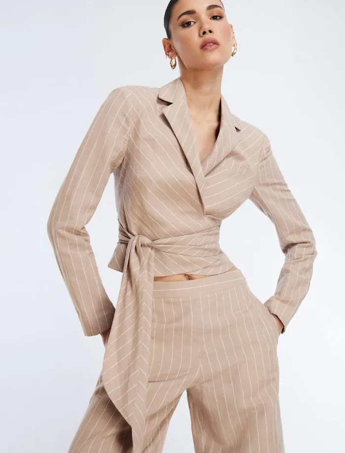Women FrontTie Jacket Khakiwhite BCBG Jackets and Blazers
