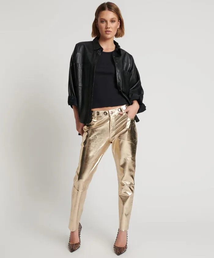 Women GOLD LEATHER HEART BREAK HOTEL DROP CROTCH PANTS One Teaspoon Bottoms