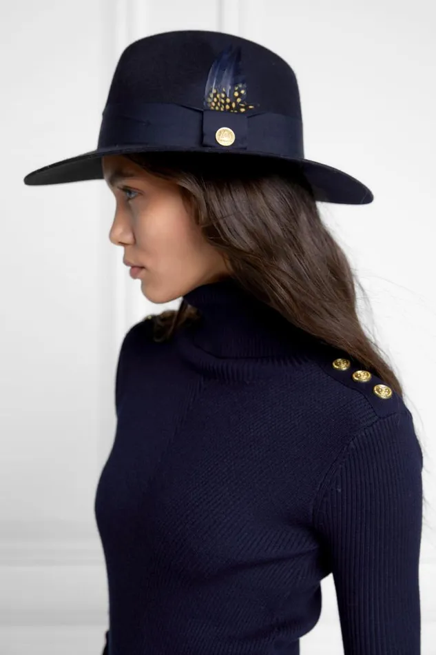 Women Hats and Headbands Holland Cooper Trilby Hat Spot Feather Ink Navy Women Hats and Headbands Holland Cooper Trilby Hat Spot Feather Ink Navy