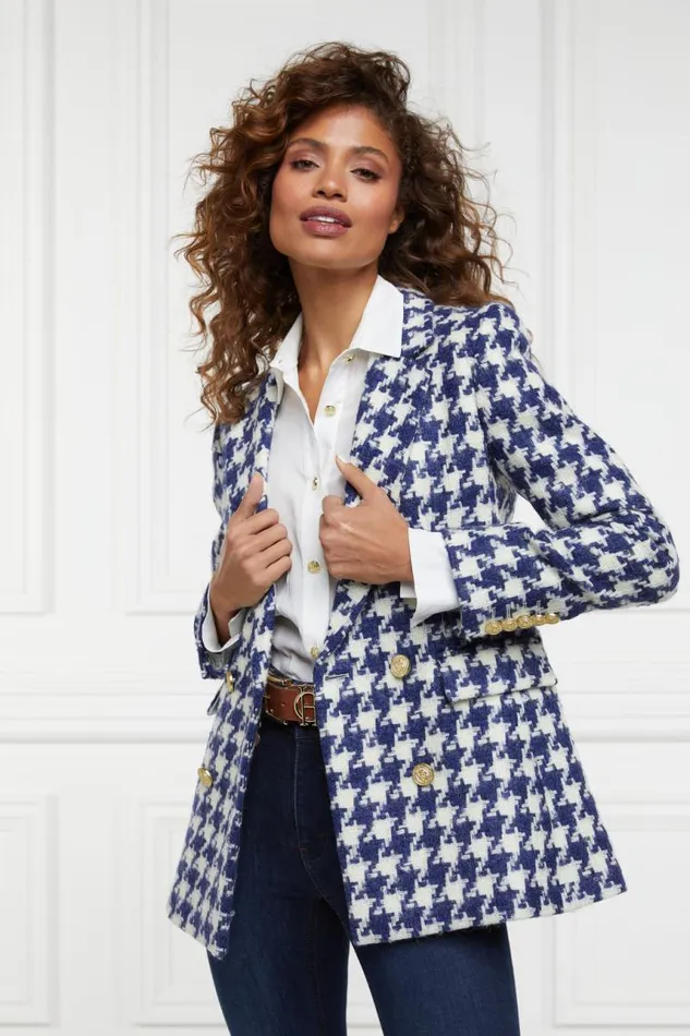 Women In Stock Tailoring Holland Cooper Double Breasted Blazer Large Scale Navy Houndstooth