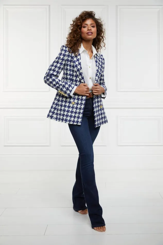 Women In Stock Tailoring Holland Cooper Double Breasted Blazer Large Scale Navy Houndstooth