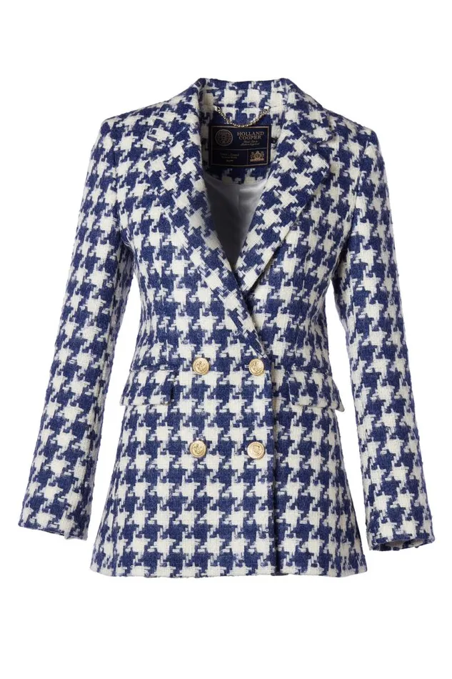 Women In Stock Tailoring Holland Cooper Double Breasted Blazer Large Scale Navy Houndstooth