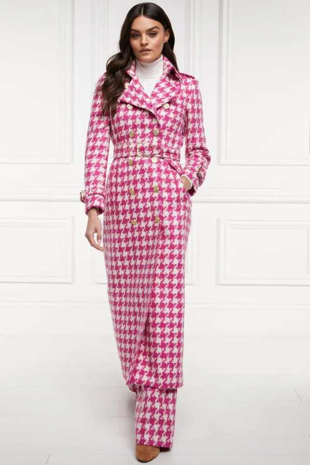 Women In Stock Tailoring Holland Cooper Full Length Marlborough Trench Coat Hot Pink Large Scale Houndstooth