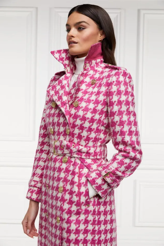 Women In Stock Tailoring Holland Cooper Full Length Marlborough Trench Coat Hot Pink Large Scale Houndstooth