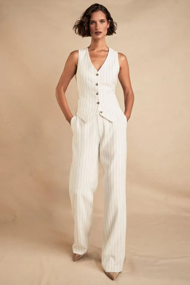 Women In Stock Tailoring Holland Cooper High Waisted Straight Trouser Oyster Linen Pinstripe