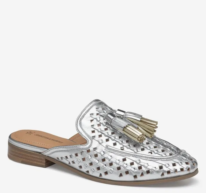 Women Johnston and Murphy Mules and Loafers Ali Woven Tassel Mule Silver Metallic Sheepskin