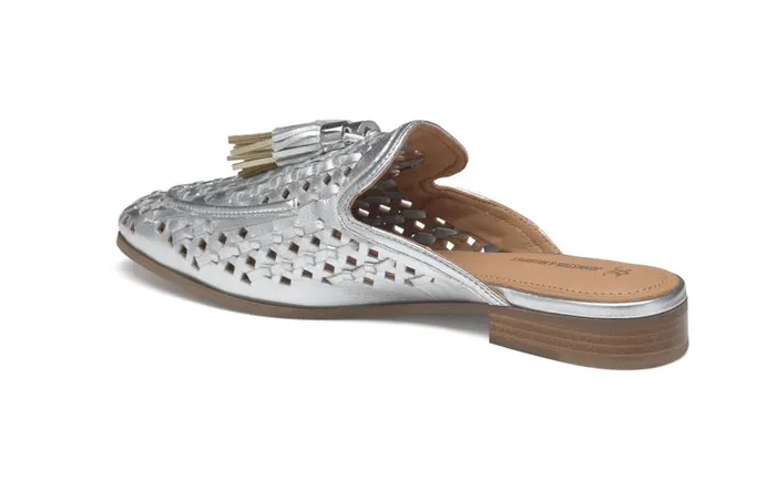 Women Johnston and Murphy Mules and Loafers Ali Woven Tassel Mule Silver Metallic Sheepskin Women Johnston and Murphy Mules and Loafers Ali Woven Tassel Mule Silver Metallic Sheepskin