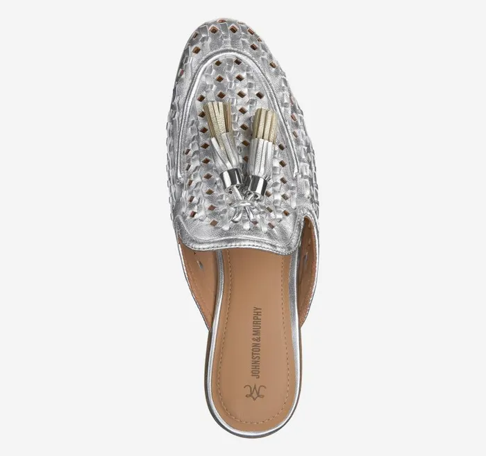 Women Johnston and Murphy Mules and Loafers Ali Woven Tassel Mule Silver Metallic Sheepskin Women Johnston and Murphy Mules and Loafers Ali Woven Tassel Mule Silver Metallic Sheepskin