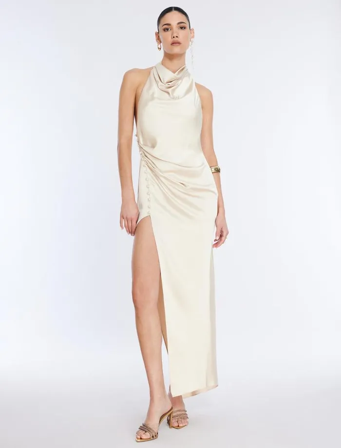 Women Keziah Draped Halter Gown Champagne BCBG Dresses